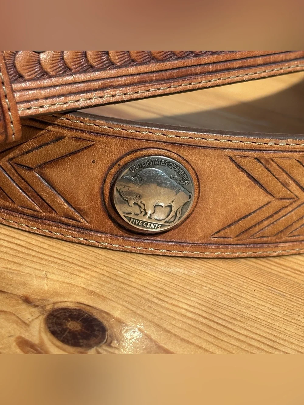 Vintage Leegin Leather Belt Mens Brown Tooled Buffalo Nickel Western Sz 40